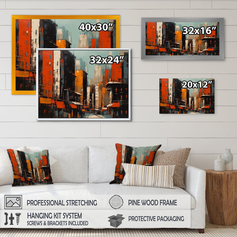 «Orange and Yellow Metropolitan Marvels», reproduction sur toile encadrée, Cadre photo noir, H 12 po x l 20 po x P 1 po