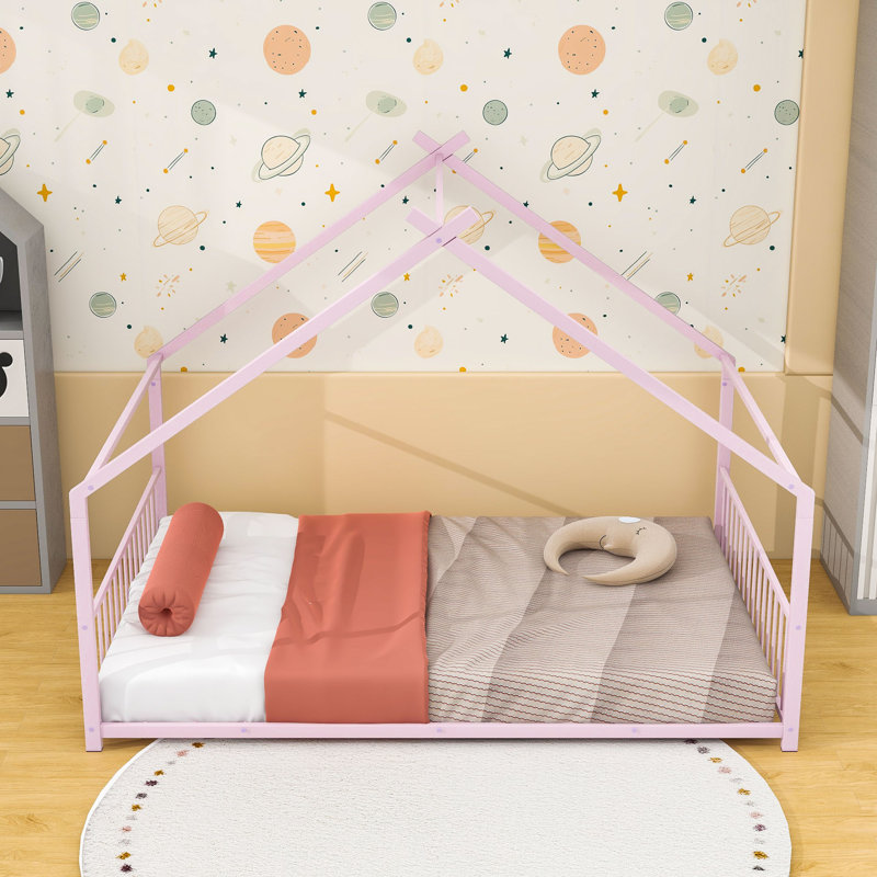 Charming House-Inspired Metal House Bed With Slats, Full, Pink