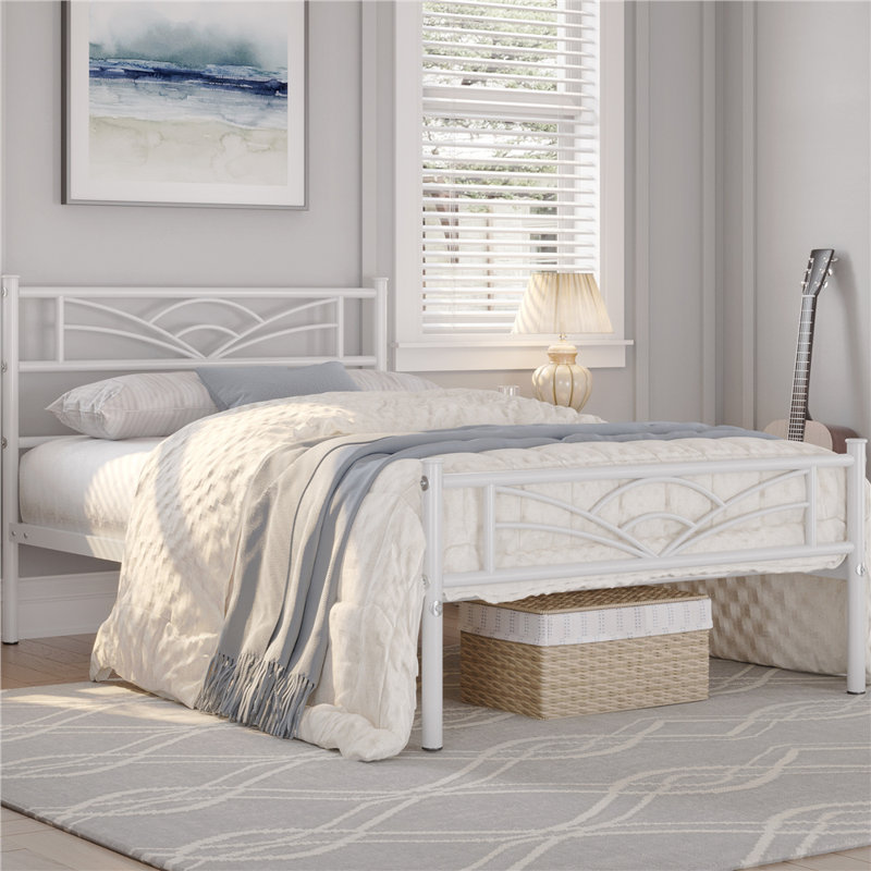 Andray Metal Platform Bed with Cloud-Inspired Design Headboard, White, Twin