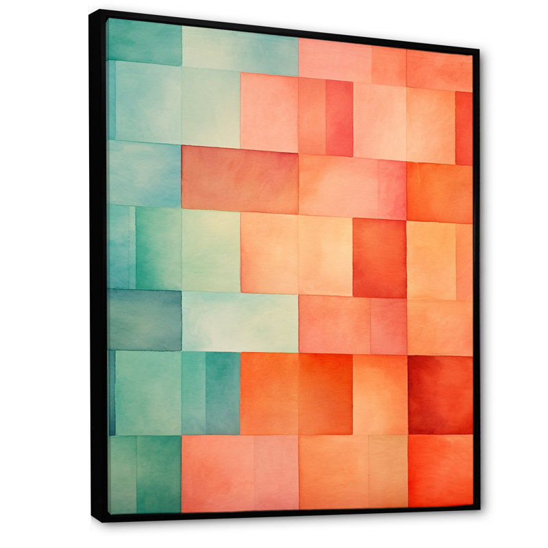 Coral Cubes Melody Shapes - Formes abstraites, reproduction sur toile, Cadre flottant noir, H 32 po x l 24 po x P 1 po