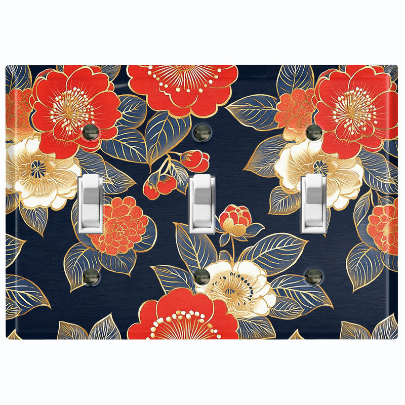 Couvercle de plaque d'interrupteur en métal; Bascule à 3 bandes US standard - Fleurs japonaises rétro, #3 Triple Toggle