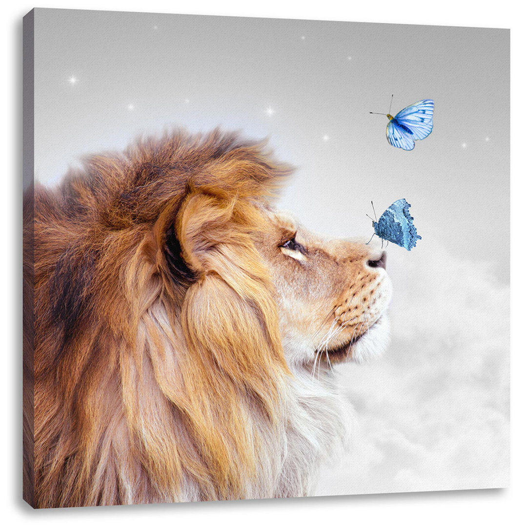 Leinwandbild Lion with Blue Butterflies