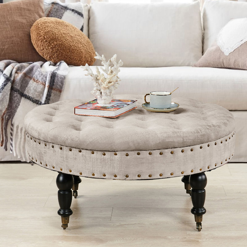 Repose-pieds de cocktail rond en velours 34 po Laforge, Velours brun simplement taupe