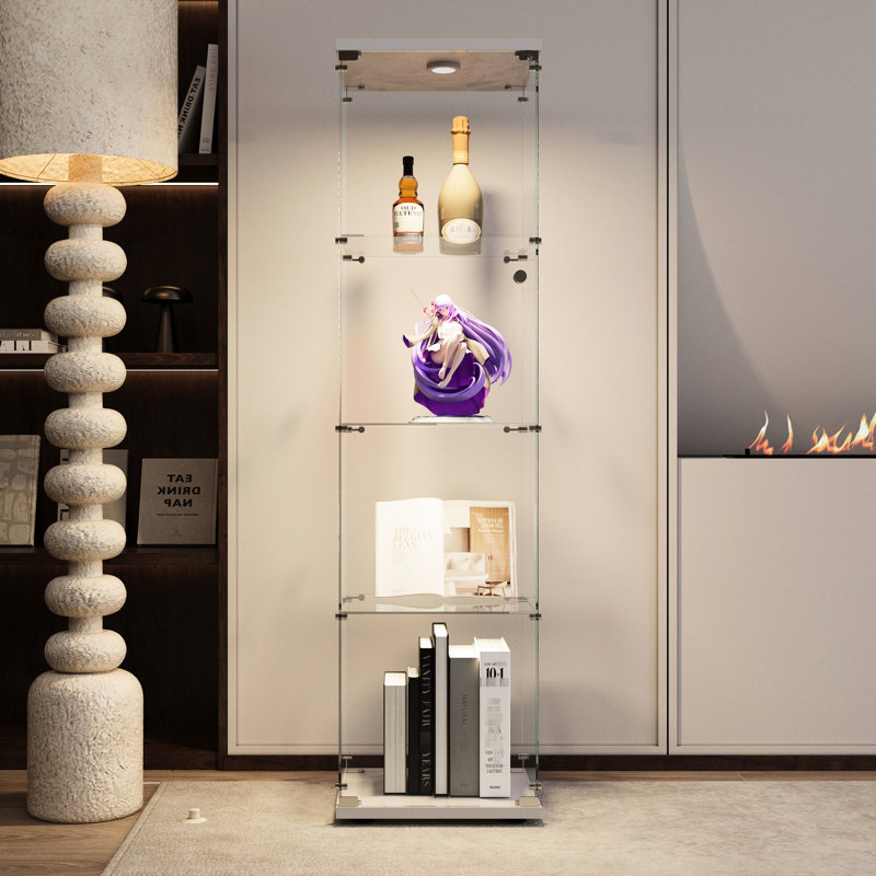 Armoire de rangement en verre trempé blanc avec éclairage, 64,51 po de hauteur, 15,44 po de longueur, 13,63 po de largeur, pieds réglables pour sols inégaux