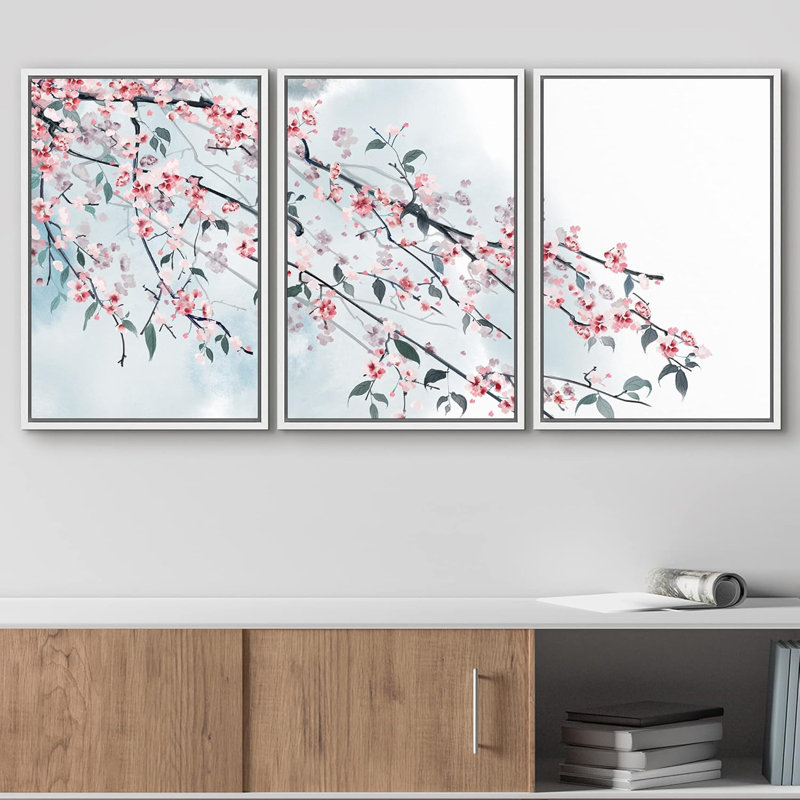 Peinture murale à l'encre de style cerisier rose sur une branche, H 24 po x l 48 po, Cadre flottant blanc