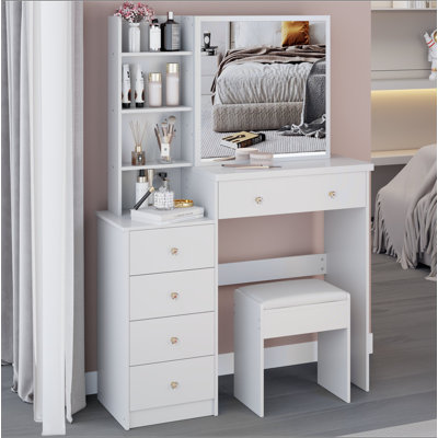 37" Middle Size Left Bedside Cabinet Vanity Table + Cushioned Stool, Extra Large Right Sliding Mirror, Multi Layer High Capacity Storage, Practical Fashionable Dresser, Suitable For Large Space
