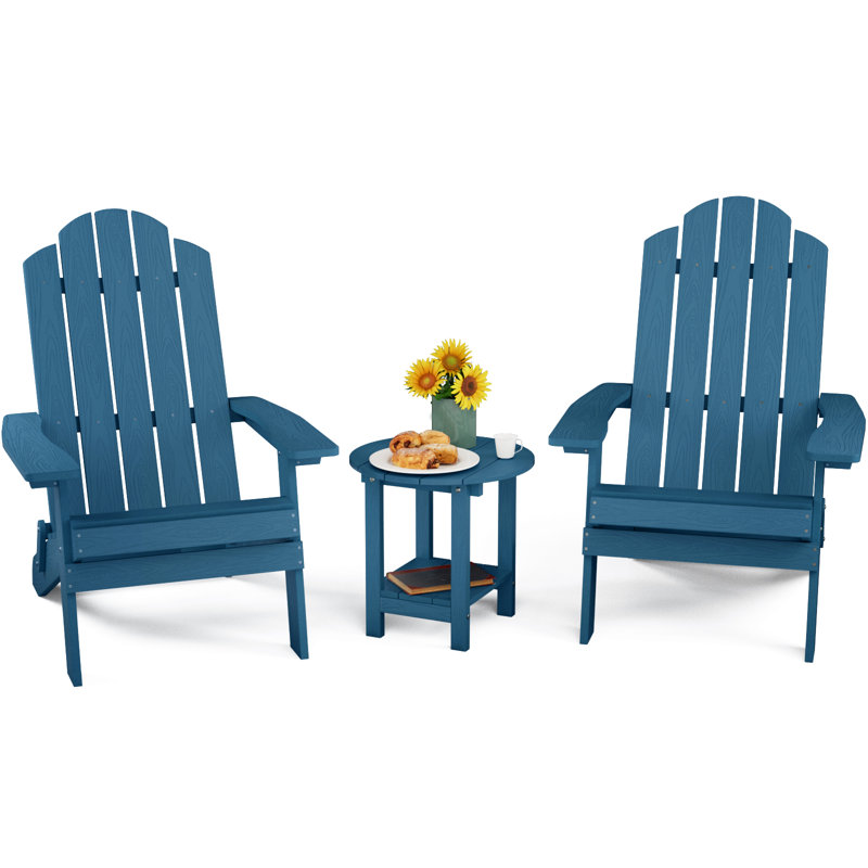 Outdoor Plastic Folding Adirondack Chair With Round Table, Navy Blue
