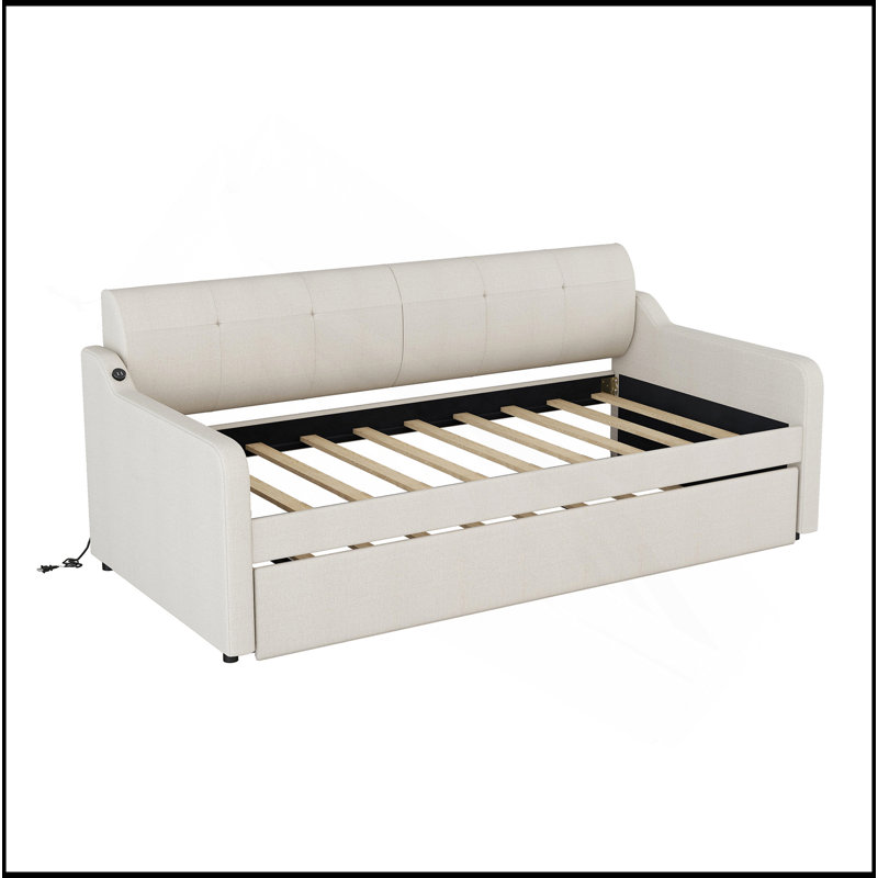 Lit de jour simple rembourré avec lit gigogne et conception de chargement USB, le lit gigogne peut être plat ou érigé, Beige