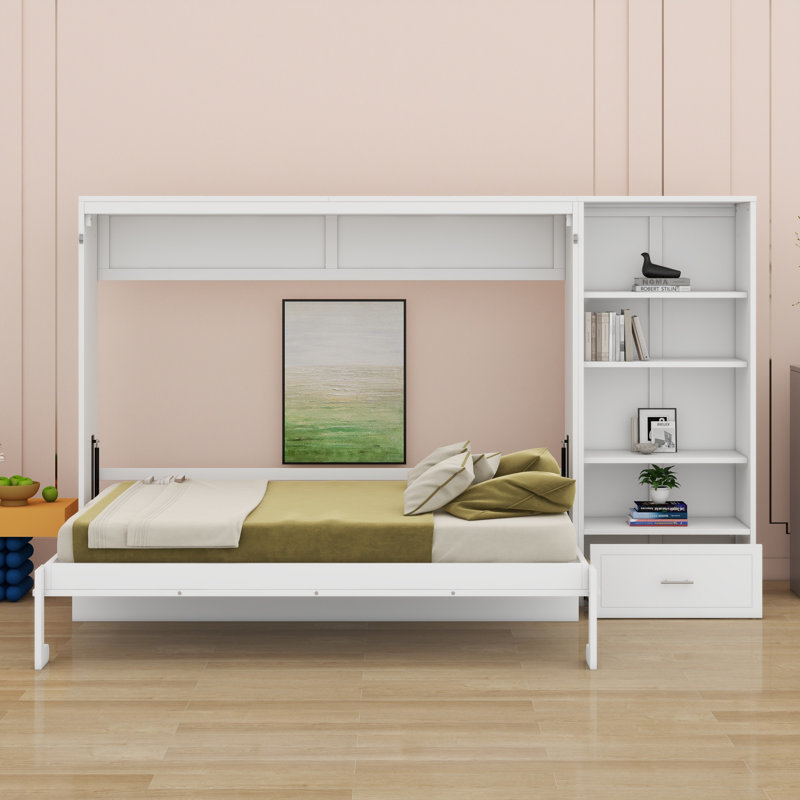 Lit escamotable avec compartiment de rangement et tiroir, Blanc