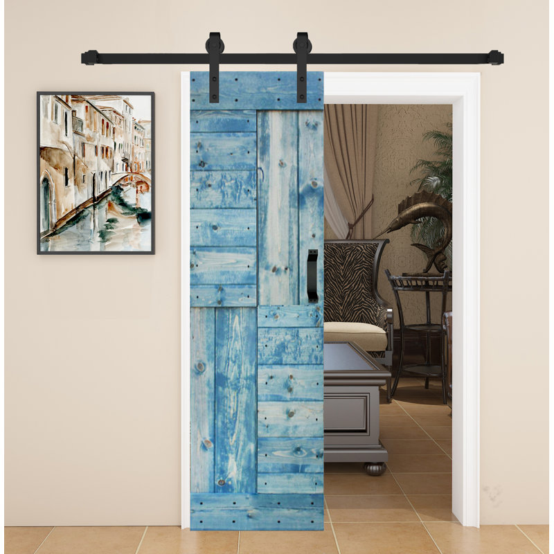 Porte de grange à panneaux en bois S Series avec trousse de quincaillerie d'installation, 24 po x 84 po, Bleu marine usé