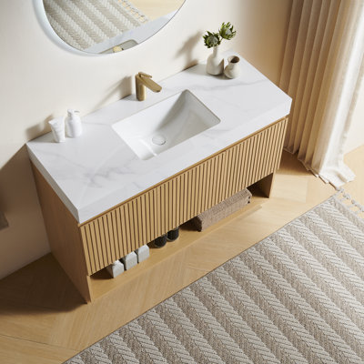 Meuble-lavabo FINO 48, sur pied, comptoir en pierre frittée blanche de Carrare et lavabo en céramique avec 1 trou pré-percé pour robinetterie, démonté, robinetterie et bonde non inclus, couleur chêne Corolla