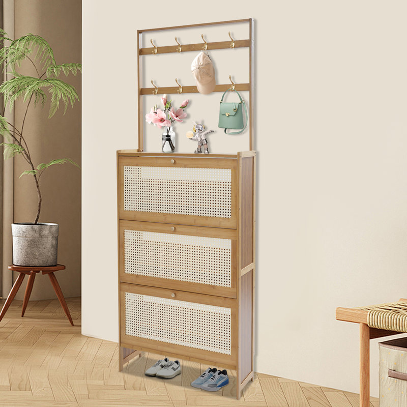 18 Pair Shoe Storage Cabinet, Medium Yellow Wood