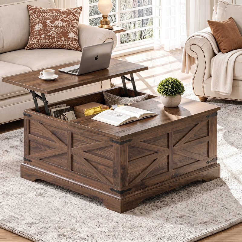Table basse carrée relevable de 91 cm de large, de style campagnard, en bois, avec rangement dissimulé, marron, Brun