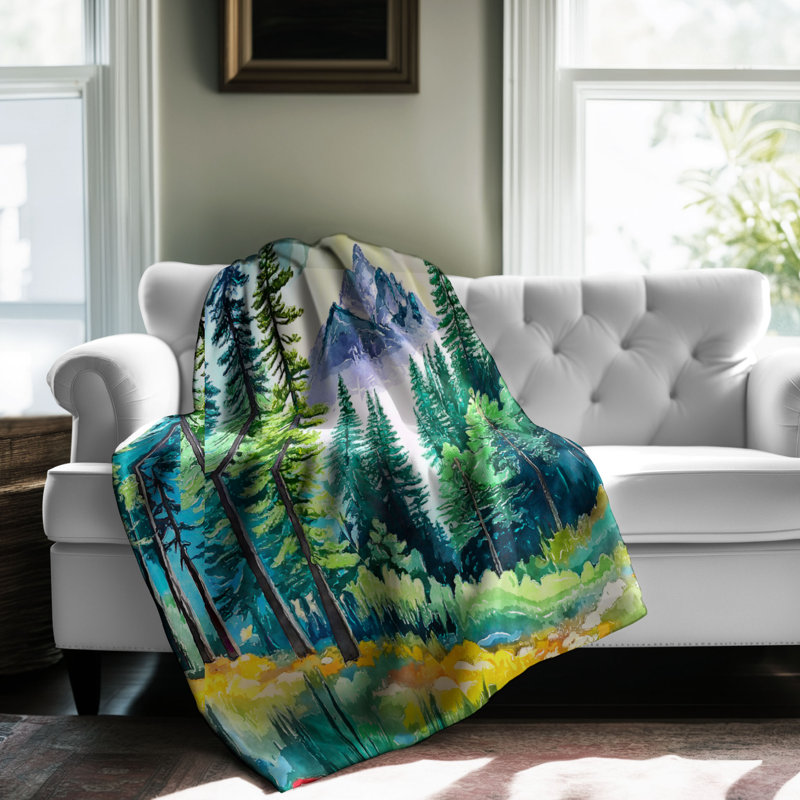 Motif Groovy - 1 pièce Sherpa Premium, Lit simple, Vert / jaune / mauve floral / dégradé