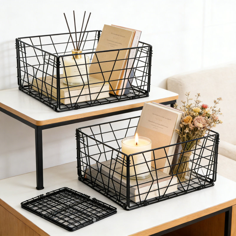 Paniers de rangement pliables en métal avec poignées, 2 paniers de rangement en fil métallique pour garde-manger, armoires de cuisine, salle de bain et garage