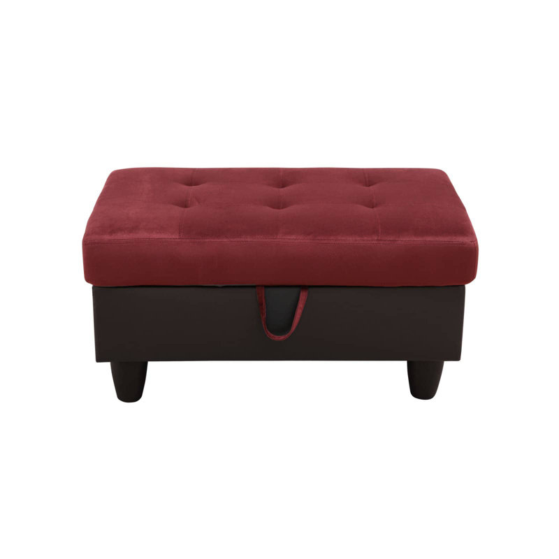 Repose-pieds de rangement rembourré avec structure en bois massif et coussin à double ressort, Rouge / Brun