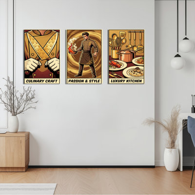 Culinary Craft Passion And Style Luxury Kitchen Canvas Wrapped Wall Art Oil Painting Print Set Of 3