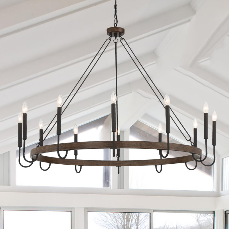 Arango 12 - Light Living Room Steel Dimmable Candle Style Wagon Wheel Chandelier, Black/Wood
