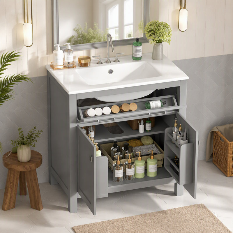 Meuble-lavabo 30 po avec lavabo en céramique, meuble-lavabo simple gris moderne avec 2 portes et une tablette, portes à fermeture douce