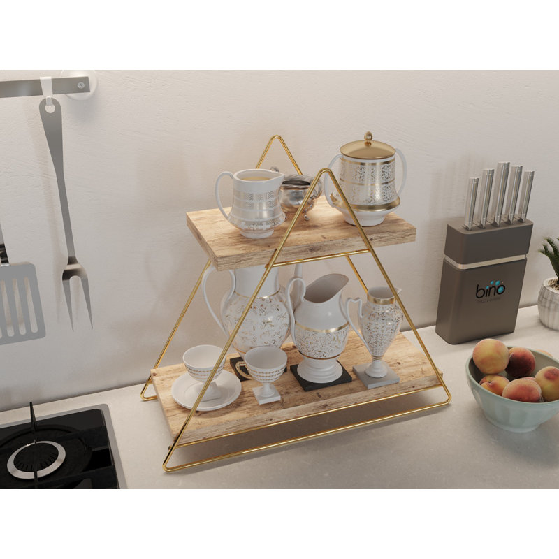 Tablette murale en bois massif avec supports en métal, 15,0 x 6,3 x 16,5 po | 100% bois véritable, finition dorée et brune | Capacité de charge totale: 11,0 lb | Parfait pour la décoration et l'organisation de la maison moderne, variation de couleur 