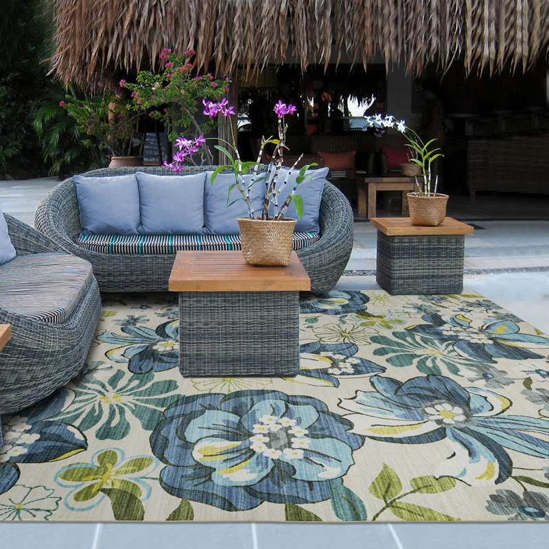 Blue and Green Floral Synthetic Rectangular Area Rug