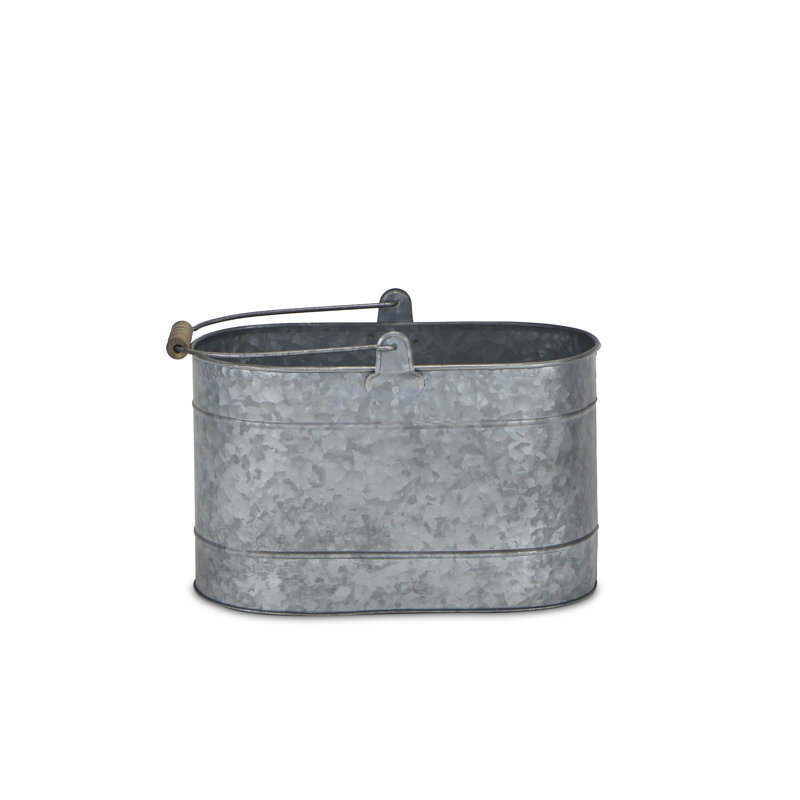 Oval Silver Galvanized Metal Bucket with Wood Handle Grip