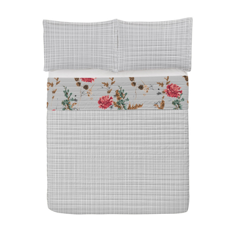 Queen Gray Coral Amber Microfiber Reversible Floral Bedspread Set