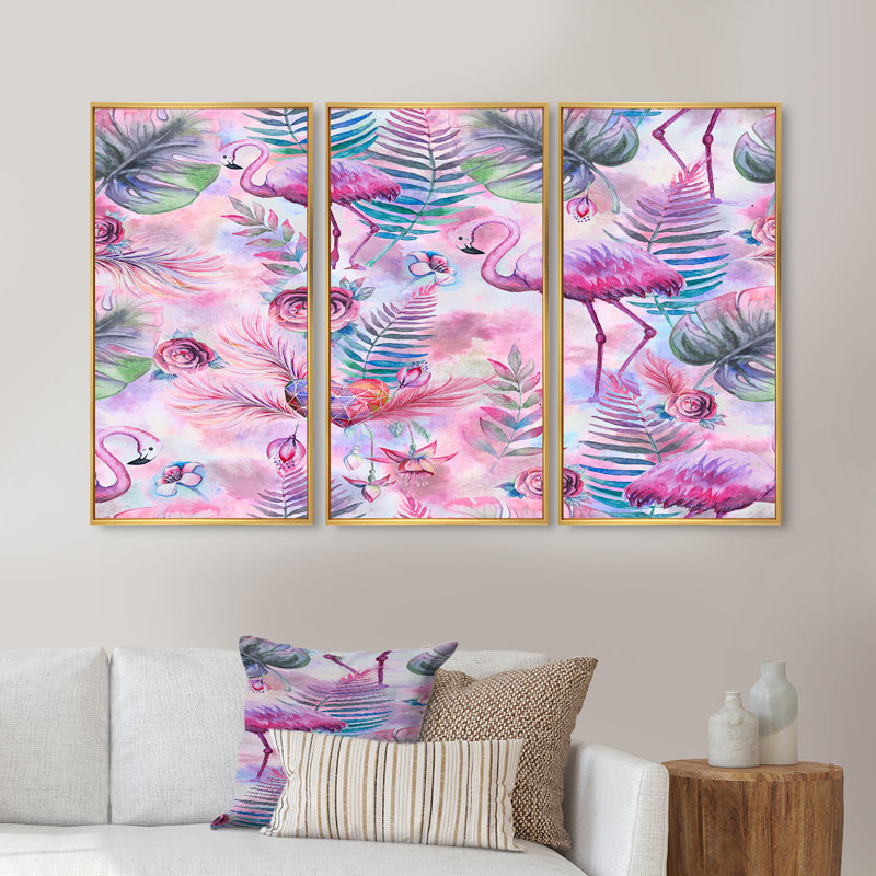 Flamants roses avec feuilles de palmier - ensemble de 3 toiles encadrées, 20" H x 36" W