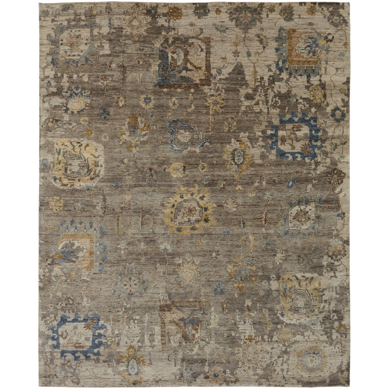 Stigall Hand Knotted Wool Area Rug in Brown, Rectangle 9' x 12'