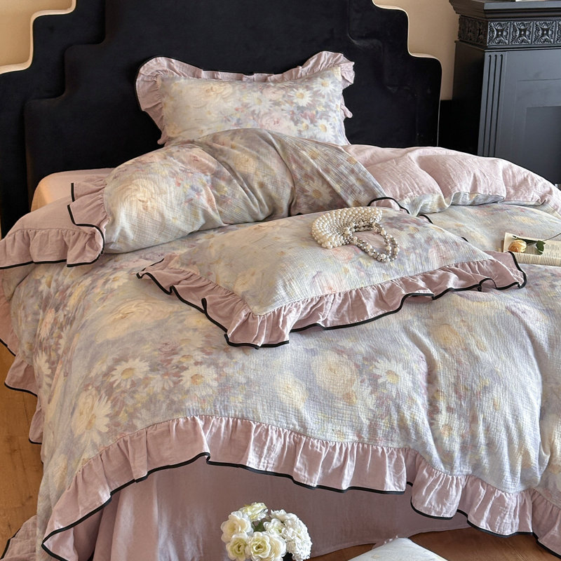 Ensemble de housse de couette floral en coton froissé à double couche, Housse de couette très grand et 2 taies d'oreille