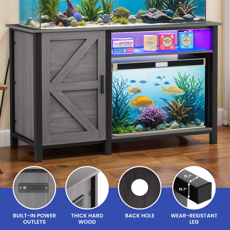 Gray Metal Aquarium Stand Cabinet with RGB Lighting and Power Outlets