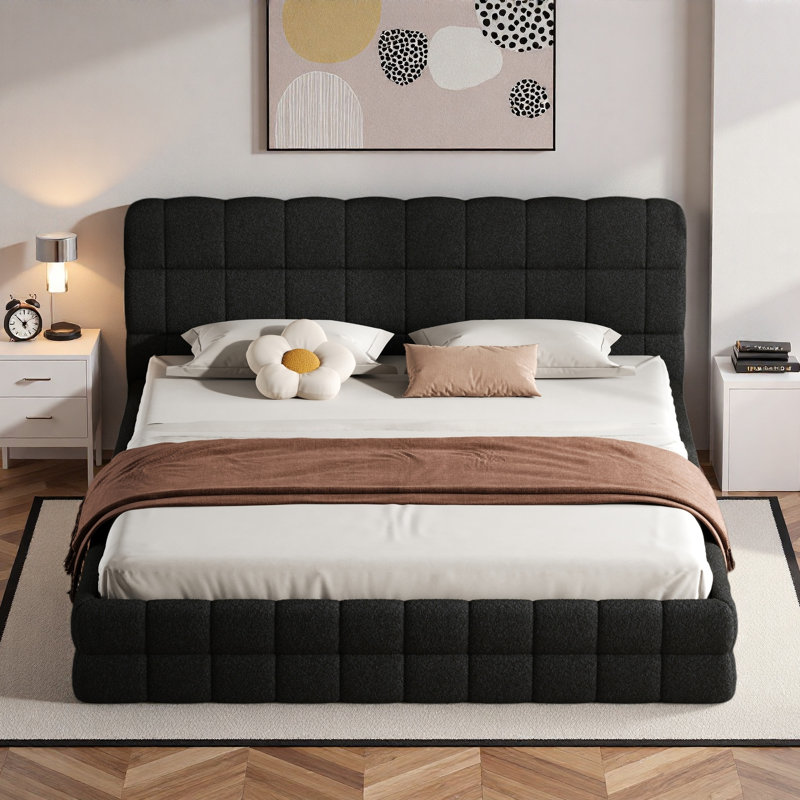 Élégant lit plateforme tapissier avec coutures et soutien solide, Noir, noir, noir, noir