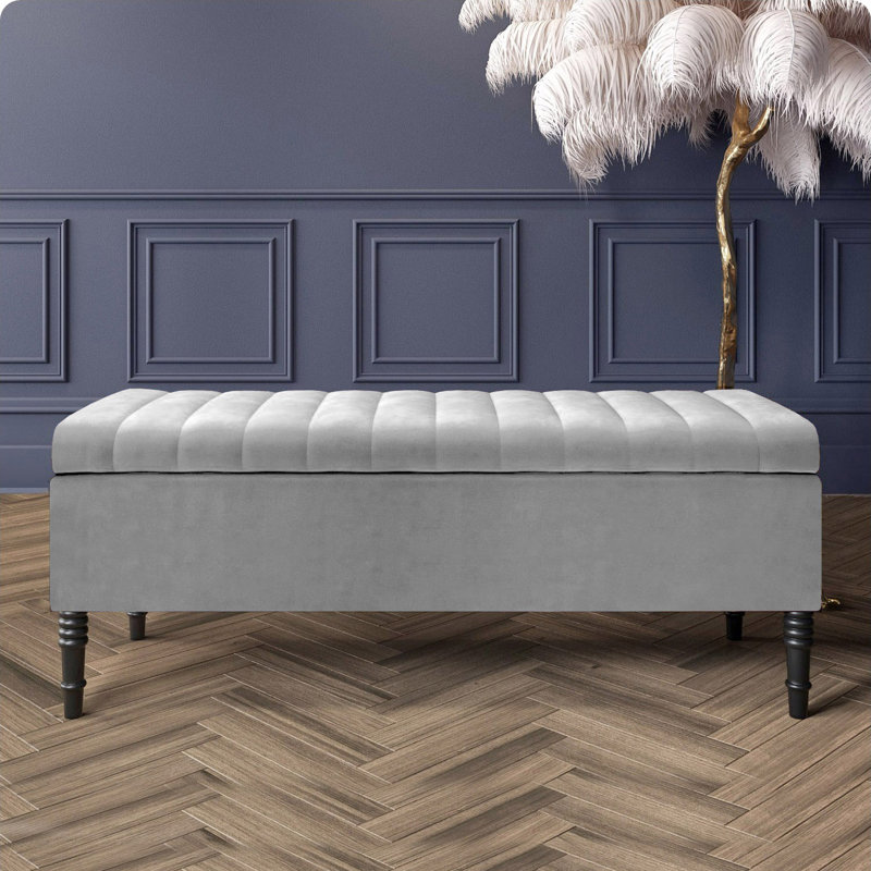 Paris Striped Ottoman Storage Bench - Upholstered Plush Velvet Shoes Bench with Black Turned Wooden Legs, Silver