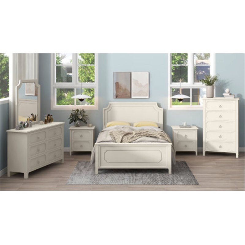 Ensemble de chambre à coucher en bois d'hévéa massif 6 pièces avec lit plateforme, table de chevet x 2, commode, miroir et commode)