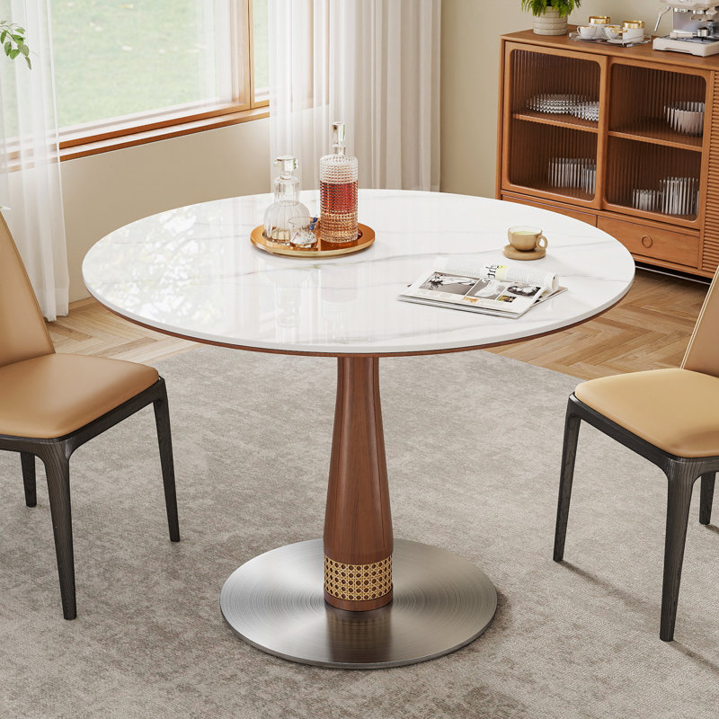 Table de salle à manger 39 "ronde en céramique frittée avec base noyer