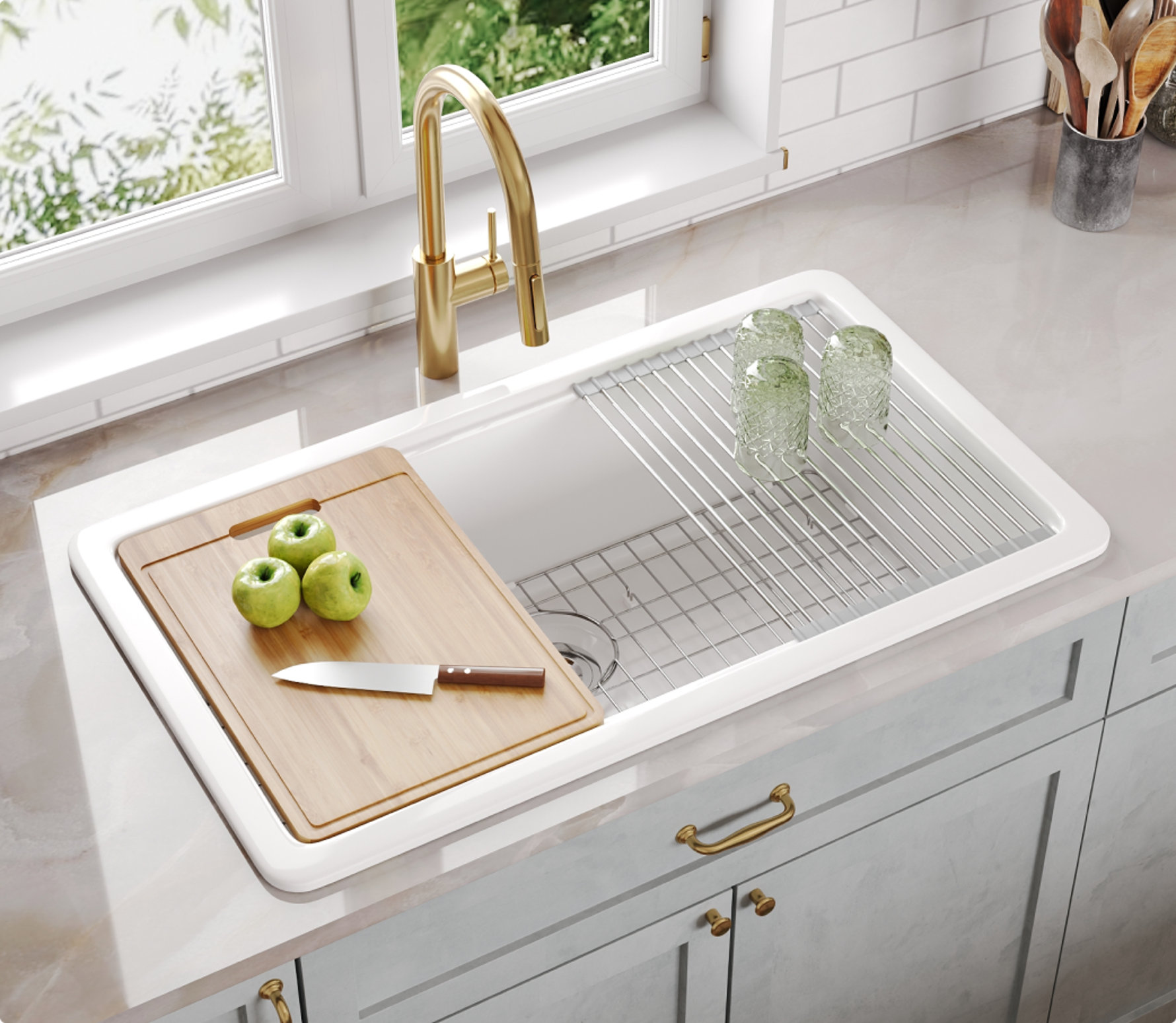 Kitchen sink with cutting board and roll-up drying rack