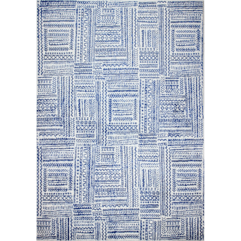 Tapis à motif géométrique ivoire / bleu Chupp, Rectangle 7 pi 6 po x 9 pi 6 po