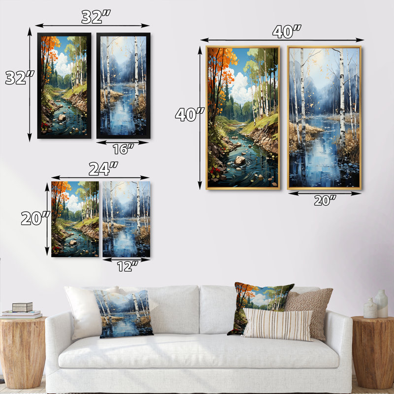 «Birch Woods Serenity Falls», 2 pièces sur toile, Cadre noir, H 20 po x l 24 po