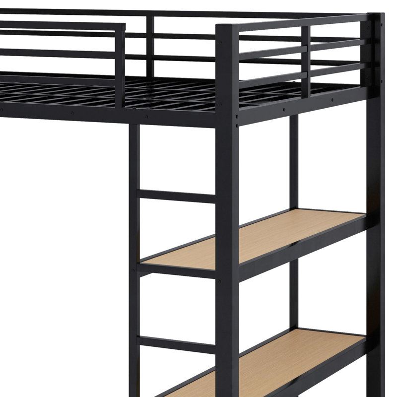 Structure de lit mezzanine en métal avec garde-robe, tablettes de rangement et panneau perforé