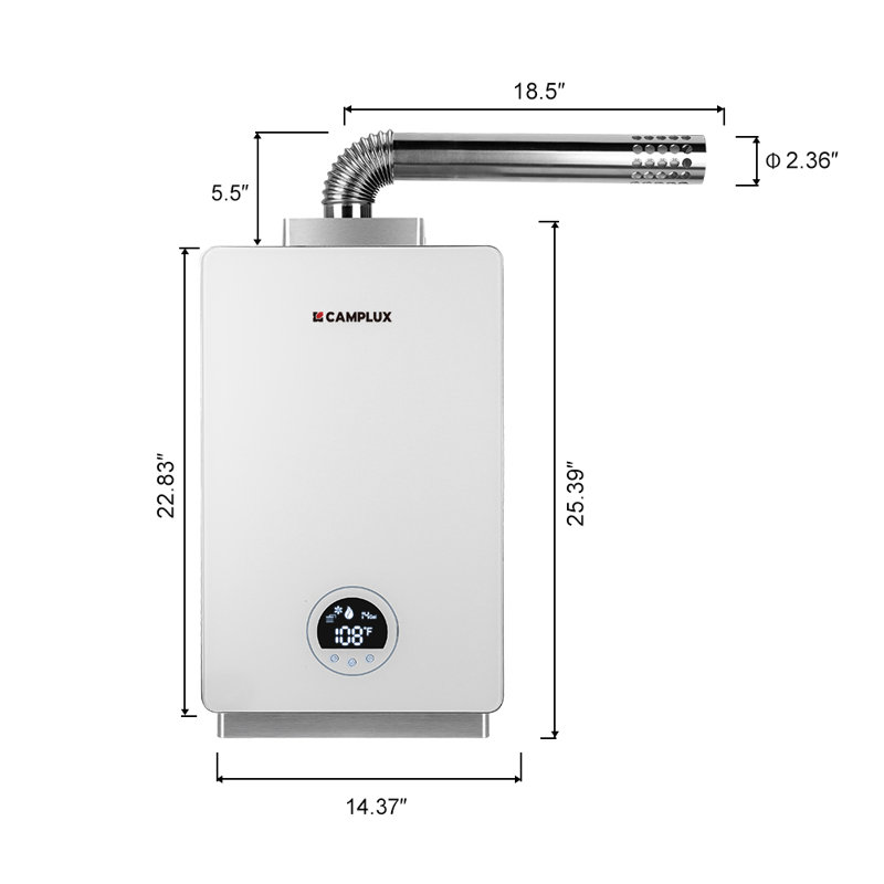 Chauffe-eau instantané au propane CAMPLUX 3,18 GPM, 82 000 BTU, avec conduit d'évacuation, 120 V CA, blanc