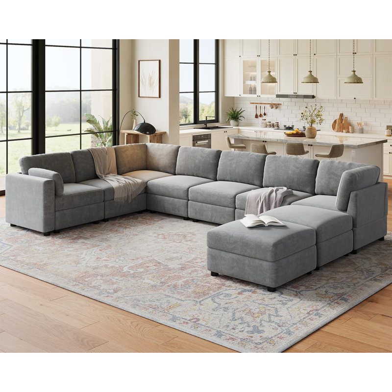 Canapé modulaire en L modulaire en forme de L, canapé 9 places surdimensionné avec 2 repose-pieds avec rangement, 2 coussins, canapé moderne et profond, canapé-lit en chenille pour le salon, gris