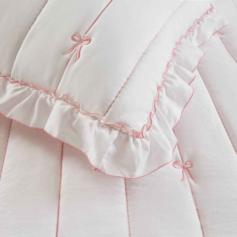 Charming Bow Embroidered Quilt Mini Set With Ruffle Trim And Soft Microfiber, Pink/White