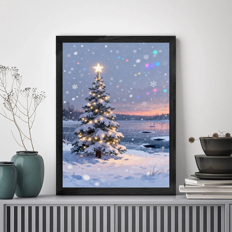 Art mural arbre de Noël noir encadré noir - décorations festives enneigées, H 17 po x l 13 po