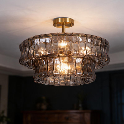 20" 6‑Light Double‑Layer Semi‑Flush Mount Light, Brushed Brass Finish with Gray Artistic Glass for Bedroom and Living Room