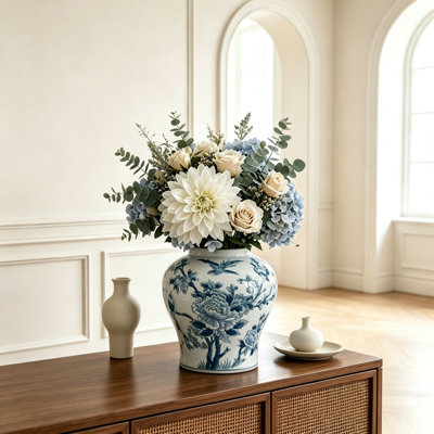 7.9" x 6.3" x 10.2" Blue and White Porcelain Ginger Jar, Decorative Ceramic Jar for Living Room, Shelf and Tabletop Home Decor