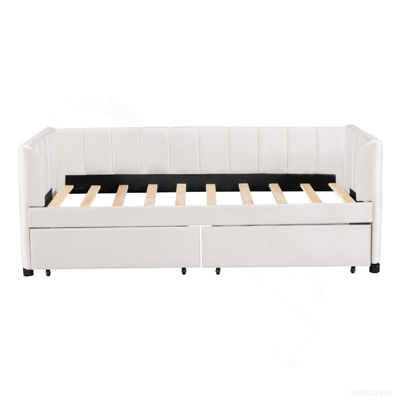 Upholstered Daybed With Ergonomic Design Backrest And 2 Drawers, Beige, Beige