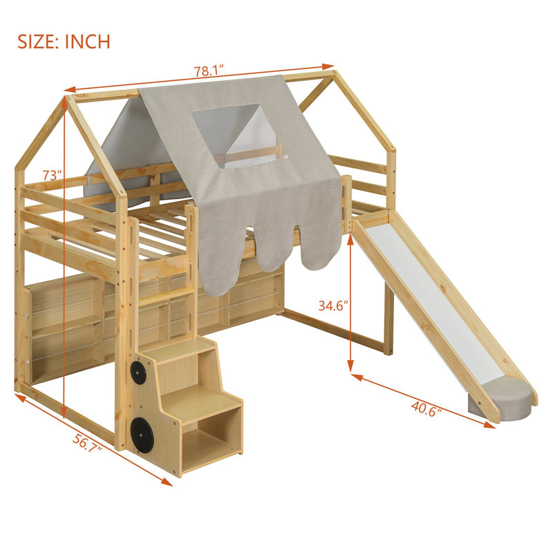 Lit simple mezzanine en bois avec structure en forme de maison avec tente, naturel et beige