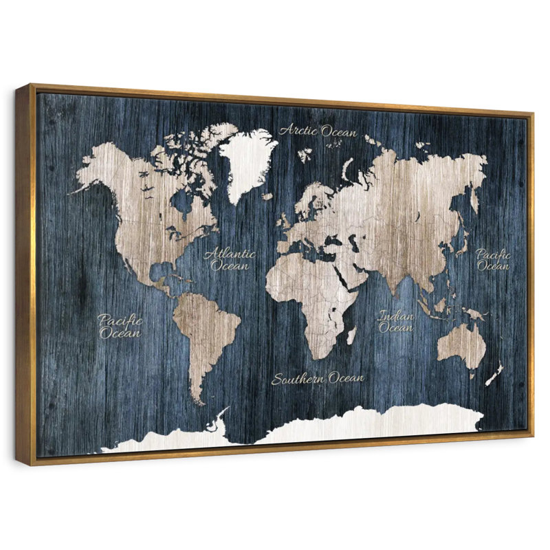 Carte du monde en bois vieilli, 19 po x 13 po, Cadre flottant doré