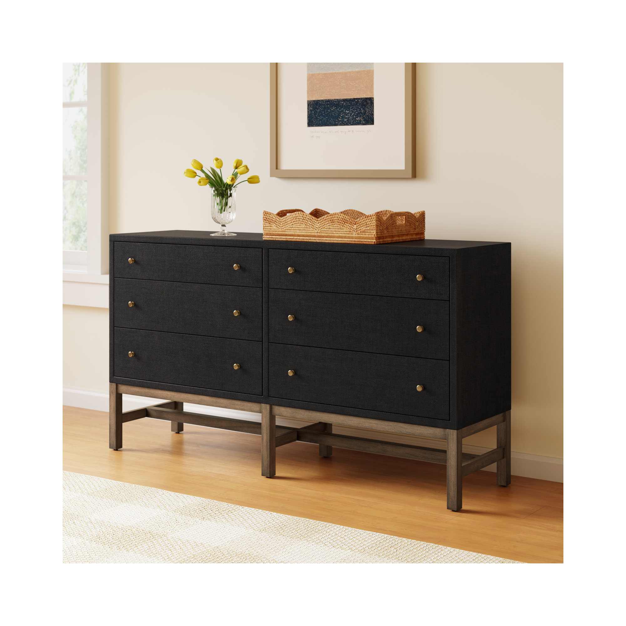 Hakana 6 Drawer Raffia Dresser, Black