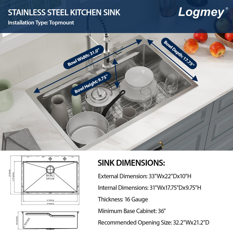 33'' L Drop-In Single Bowl Stainless Steel Kitchen Sink